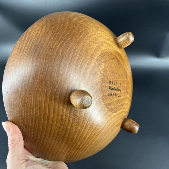 Vintage Footed Wood Salad Bowl Fork Spoon Set By Woodcraftery Made In USA - Picture 13 of 16